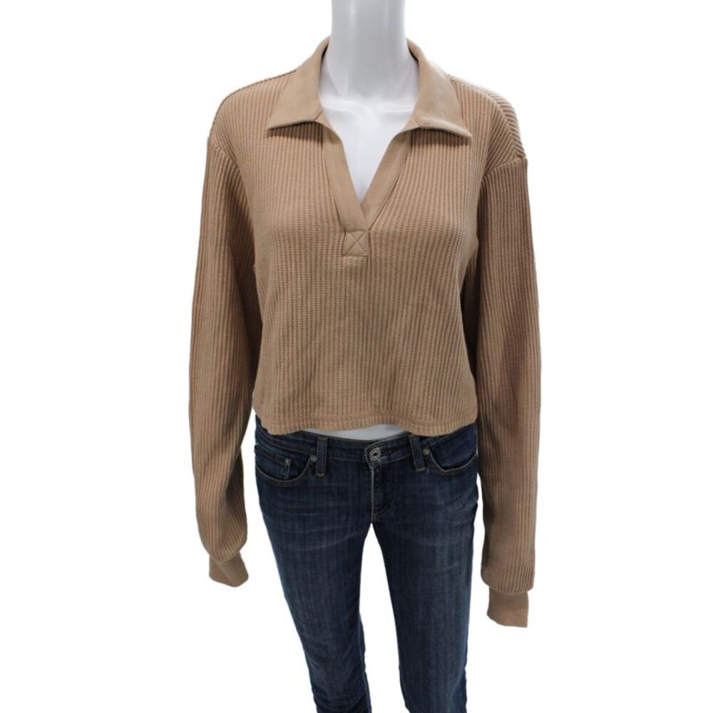 The Range Women Cropped Collared Polo Beige 97% Cotton Long Sleeve Size S
